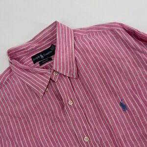 Ralph Lauren Mens XL Pink White Striped 100% Linen Button Down Shirt Pony